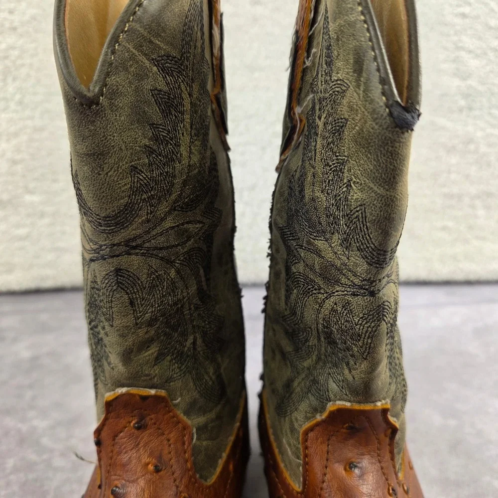 Roper Little Kids Faux Ostrich Western Cowboy Boots Brn Green Size 1 09-018-0191
